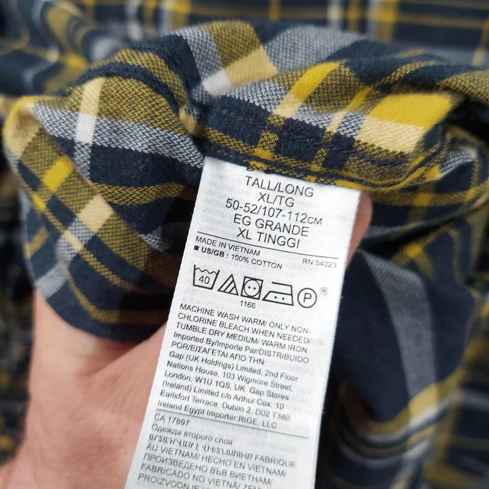 Banana Republic‎ Shirt Men XLT Tall Blue Yellow Plaid Flannel Slim Fit Untucked